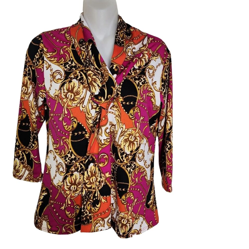 Tiffany & Grey Petite Womens Top Medium 3/4 Sleeve Multicolor Built In Scarf Tie